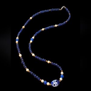 29" Vintage Bohemian Czech Pressed BlueGlass Beads Necklace